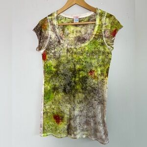 Free People Women Y2K Abstract Burnout Grunge Scoop Neck Tee Sz M Made in USA